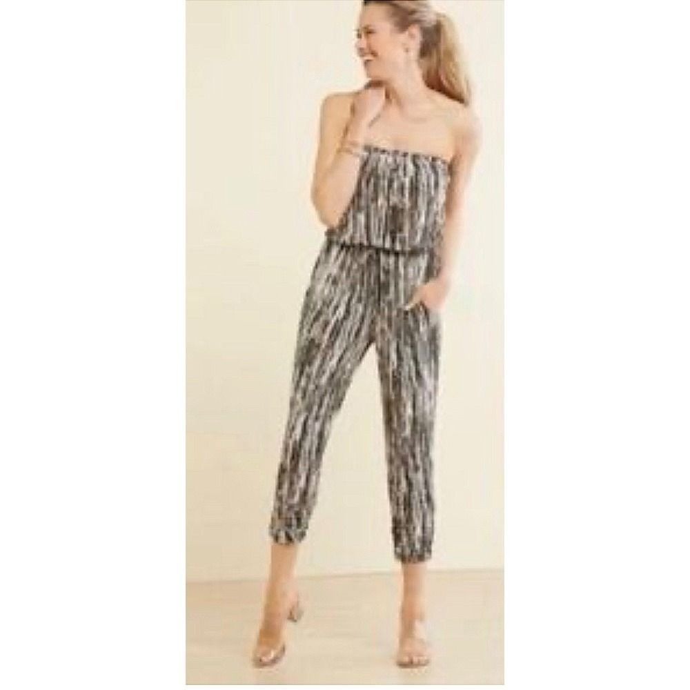 Peyton Jensen Black Abstract Strapless Jumpsuit Small Smocked Waist Pockets